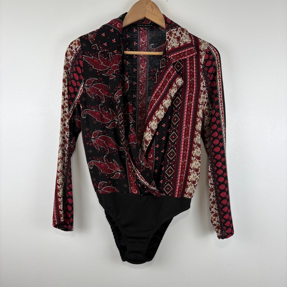 Parisian Womens Red Paisley Bodysuit Size US 4‎ Long Sleeve Collared Top Boho
